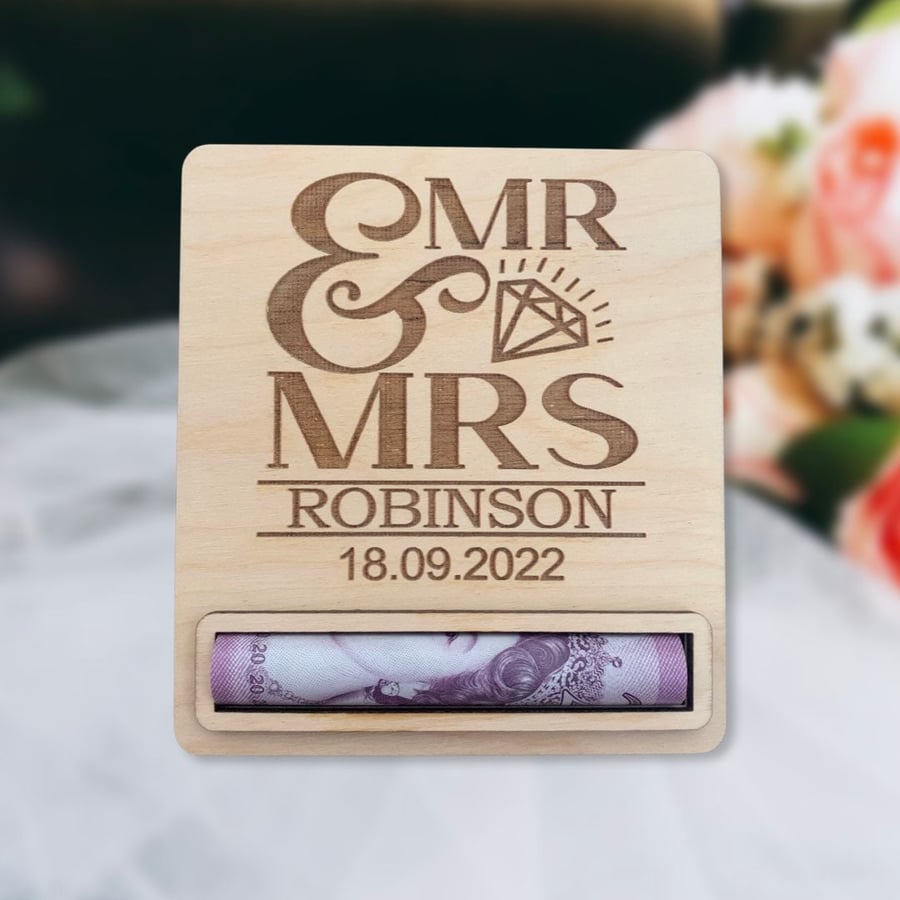 Personalised Wedding Money Cash Holder, Mr & Mrs Gift Wallet Holder, Wooden Cash