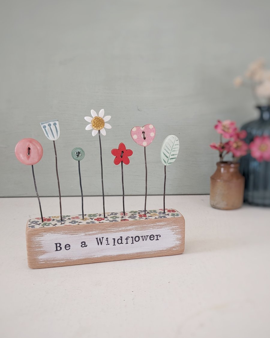 Clay and Button Flower Garden in a Floral Wood Block 'Be a Wildflower'