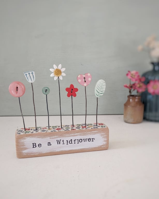 Clay and Button Flower Garden in a Floral Wood Block 'Be a Wildflower'