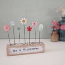 Clay and Button Flower Garden in a Floral Wood Block 'Be a Wildflower'