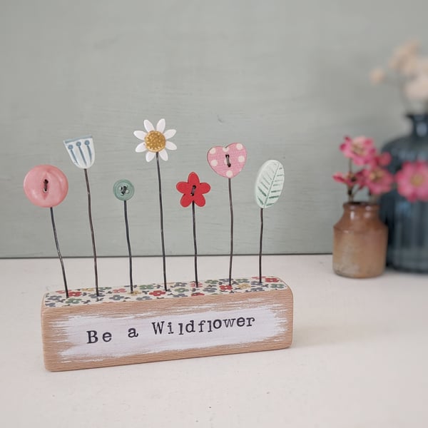 Clay and Button Flower Garden in a Floral Wood Block 'Be a Wildflower'