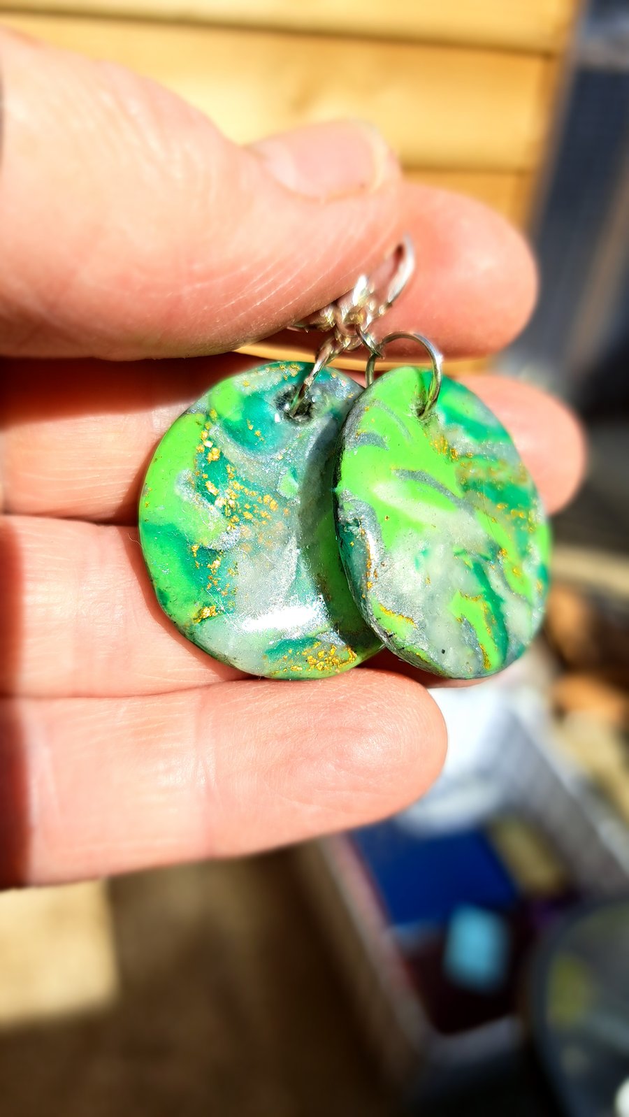 Funky pair of circled polymer clay green, white and gold leaf earrings