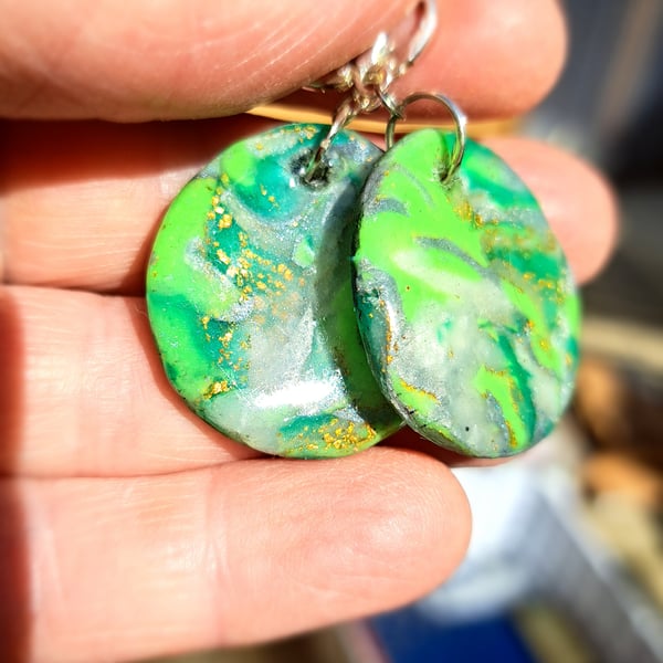 Funky pair of circled polymer clay green, white and gold leaf earrings