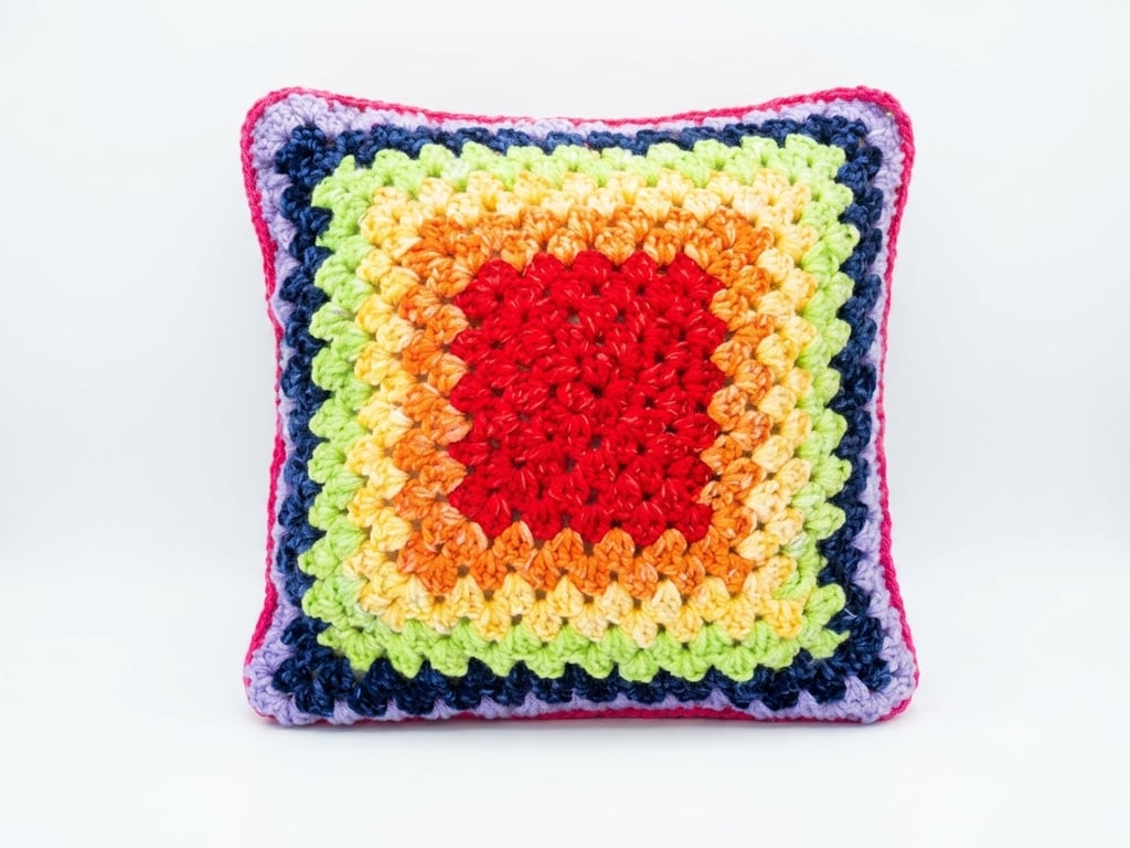 Cosmic Confetti Crochet Cushion – Orange, Yellow, Green & Purple Handmade Pillow