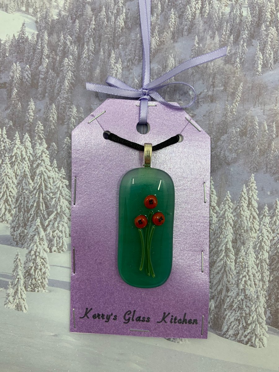Hand painted PoppyFused Glass pendant.