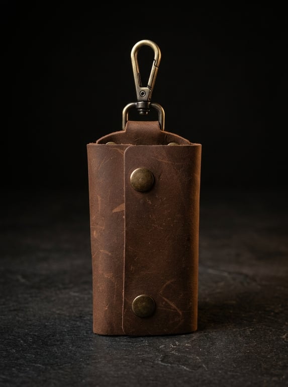 Rustic Brown Full Grain Leather Key Case Silent Snap Wrap Handmade UK