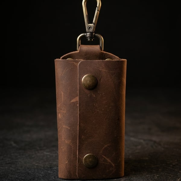 Rustic Brown Full Grain Leather Key Case Silent Snap Wrap Handmade UK