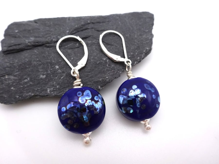 lampwork glass earrings, blue and silver speckles
