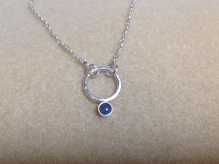 Opal triplet Sterling and Fine silver hammered circle pendant necklace