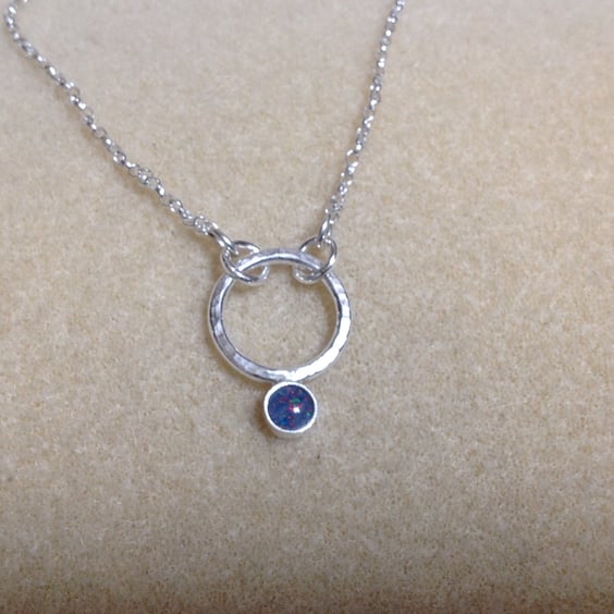 Opal triplet Sterling and Fine silver hammered circle pendant necklace