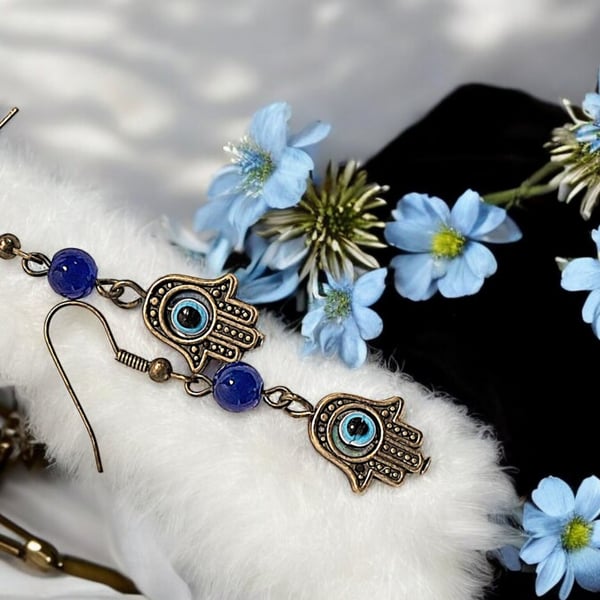 Protective eye with Hansa hand earrings, protective jewellery, Hamsa hand jewell