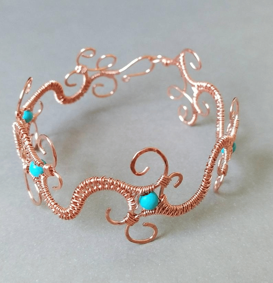 Wire Wrapped Sea Wave Swirly Filigree Style Copper Bracelet with Blue Magnesite