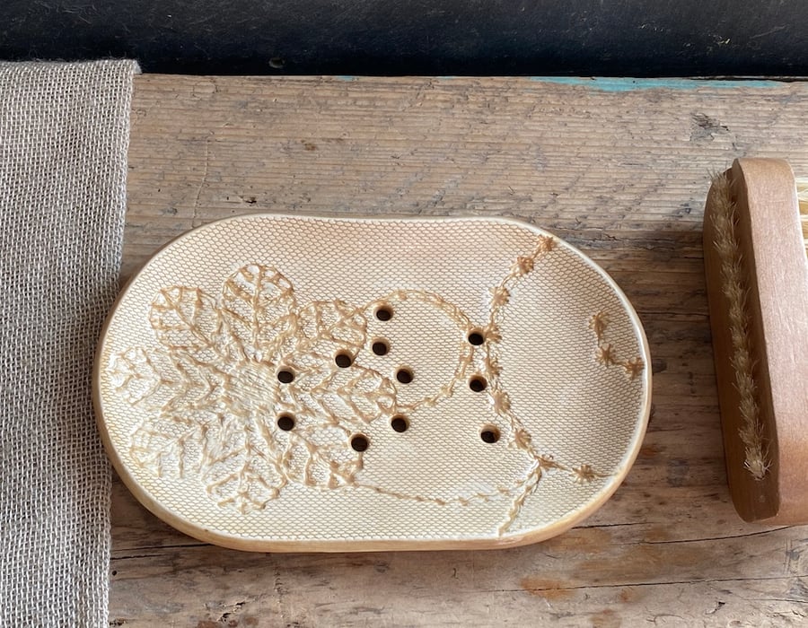 Pottery Handmade Soap Dish glazed in Ochre