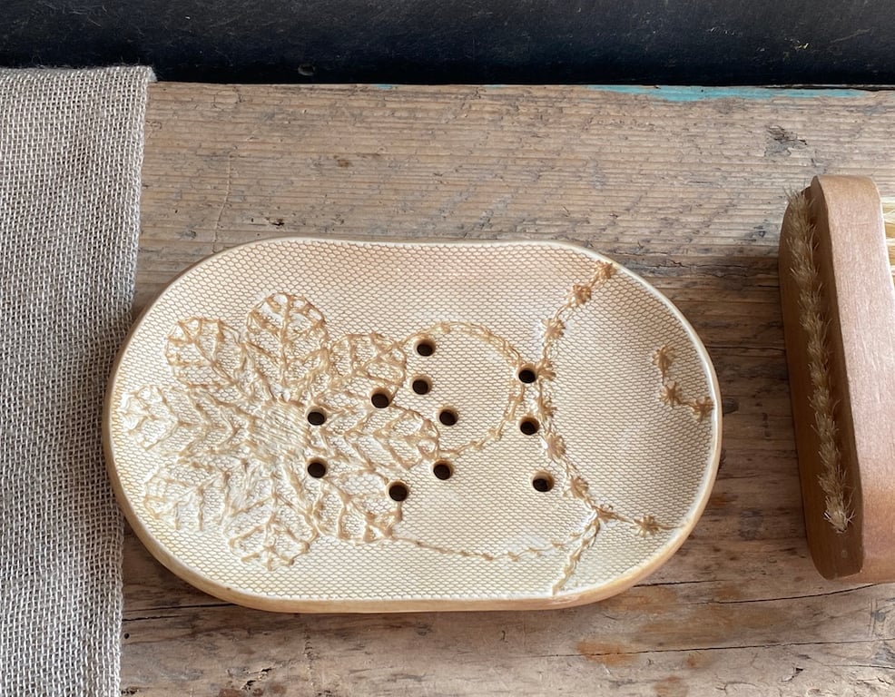 Pottery Handmade Soap Dish glazed in Ochre