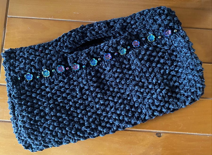 Hand Knitted Charcoal Chenille Evening Handbag