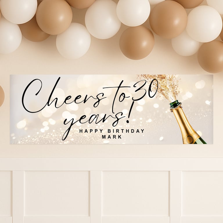 Personalised Birthday Banner – Cheers to Years Champagne – Custom Party Decor