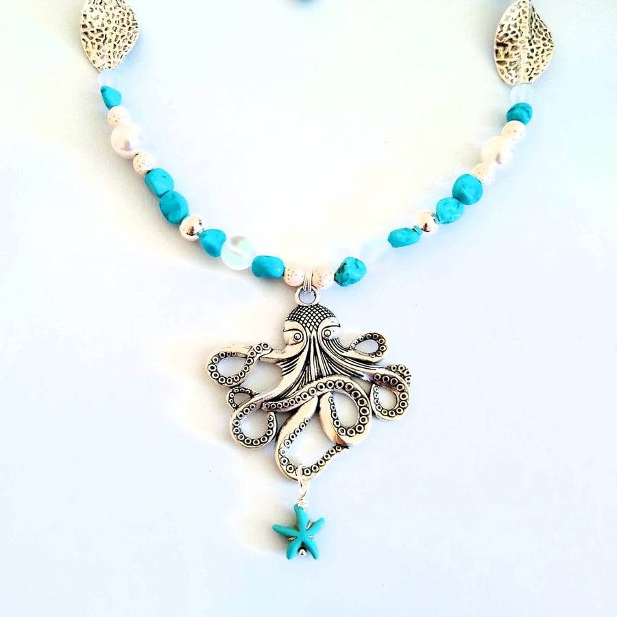 Octopus Pendant Turquoise Beaded Boho Sealife Necklace Length 18-20 Inch