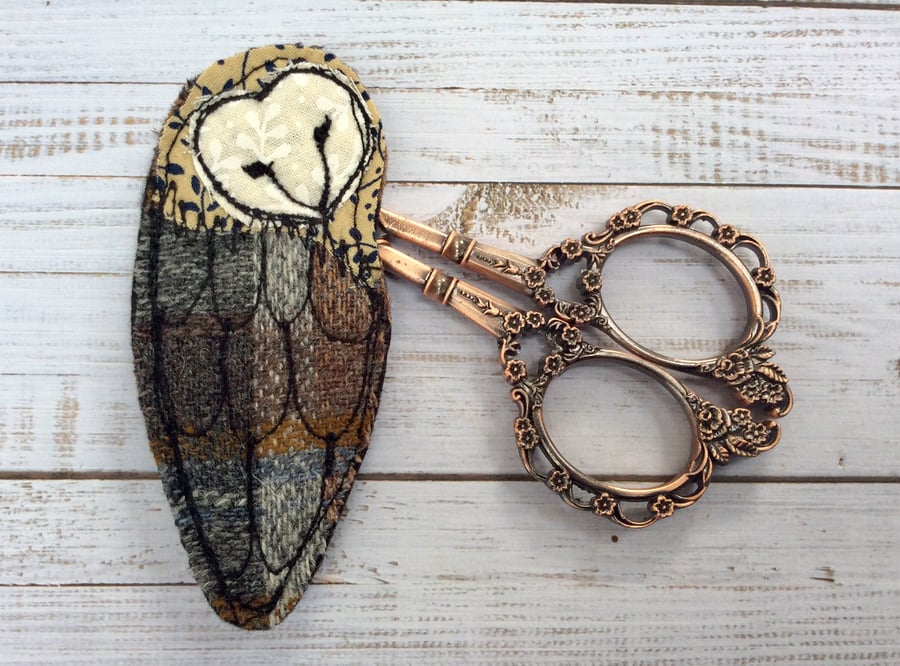Embroidered up-cycled owl brooch pin or badge. 