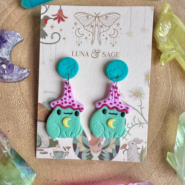 Handmade Frog Wizard Polymer Clay Earrings
