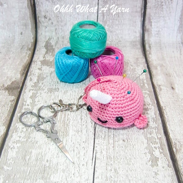 Pink crochet narwhal hanging decoration, scissor keeper, pin cushion, bag charm