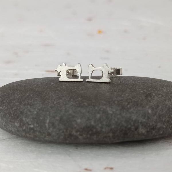 Recycled sterling silver sewing machine earrings – gift for a sewer