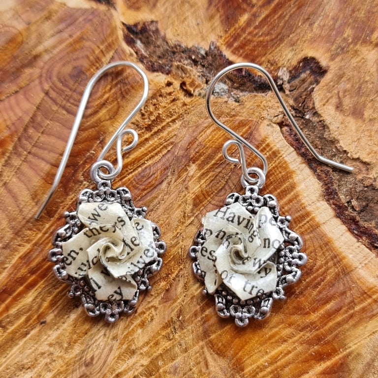 Jane Eyre Recycled Book Page Dangle Earrings, Victorian Origami Roses, Literary 