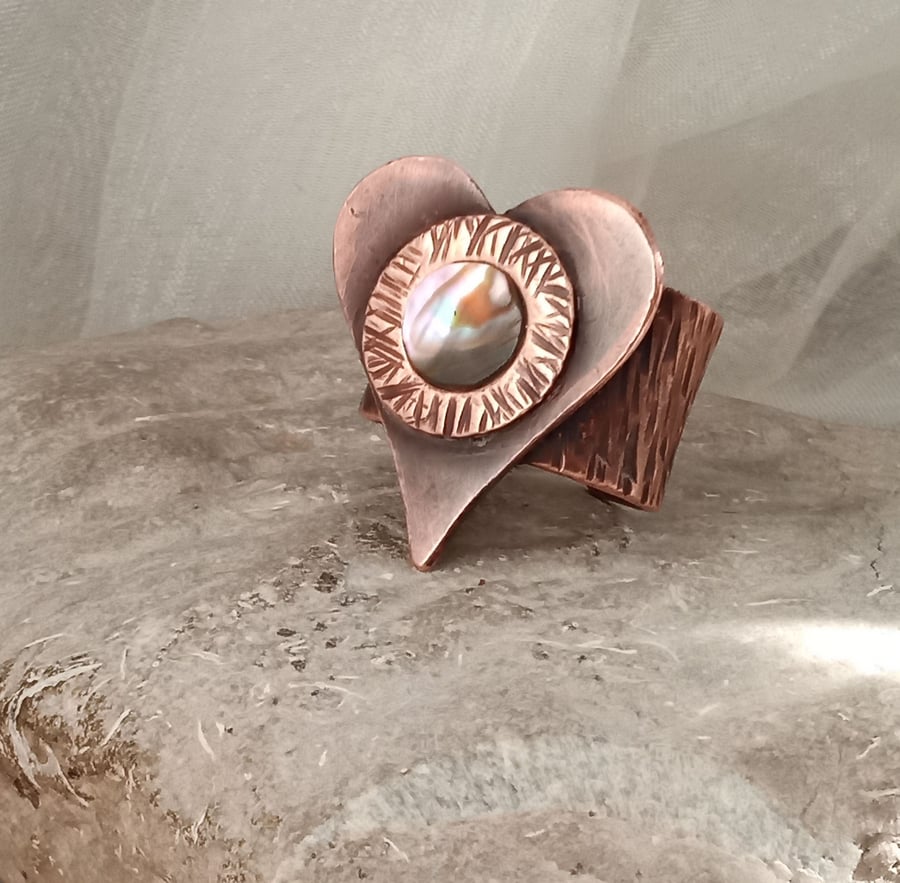 "Love" Rustic Adjustable Copper Heart Thumb or Finger Ring