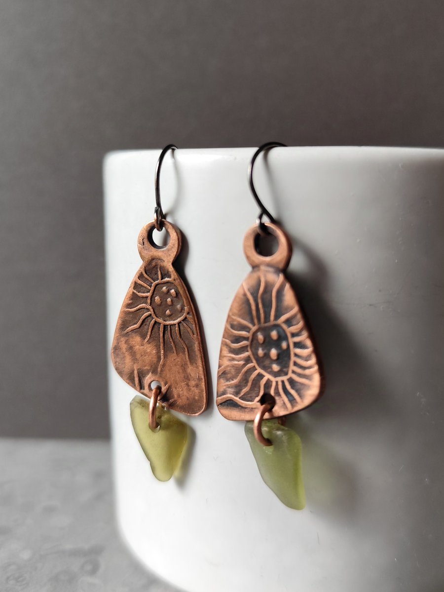 Copper and seaglass earrings, unique earrings, recycled material