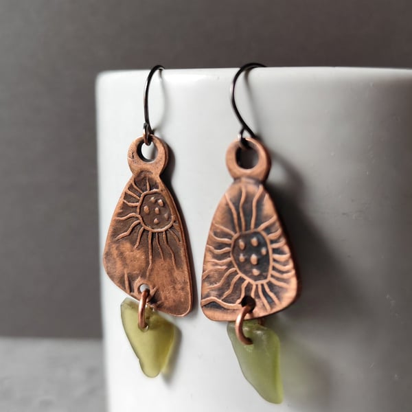 Copper and seaglass earrings, unique earrings, recycled material