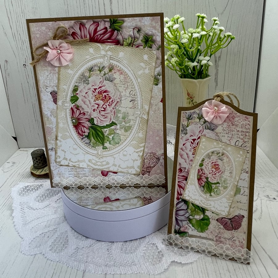 Greeting Card - Vintage Floral card and tag by Carolee Crafts - C106
