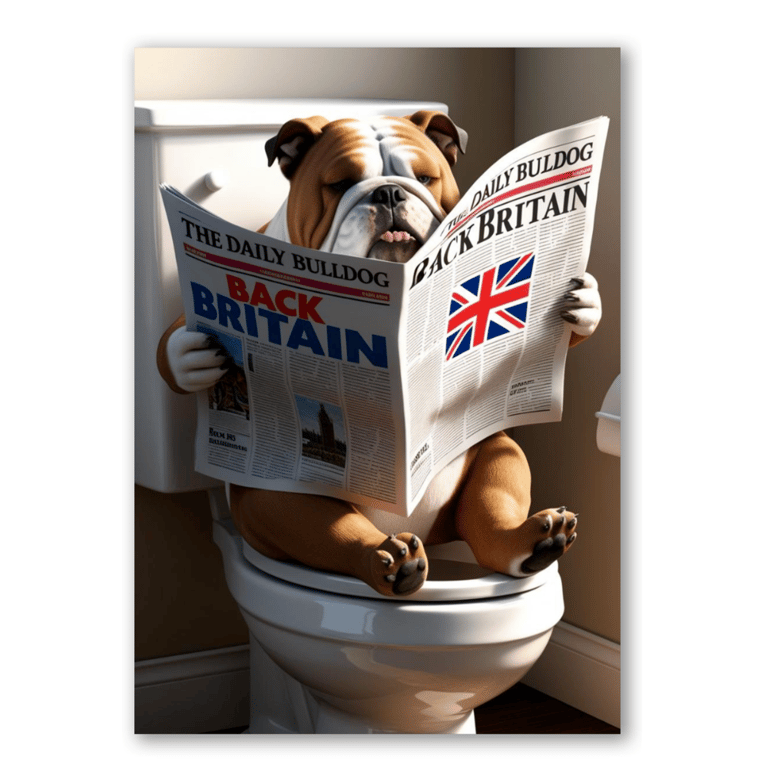 British Bulldog Wall Art Print Funny Dog On Toilet Reading Newspaper A4 A3 A2