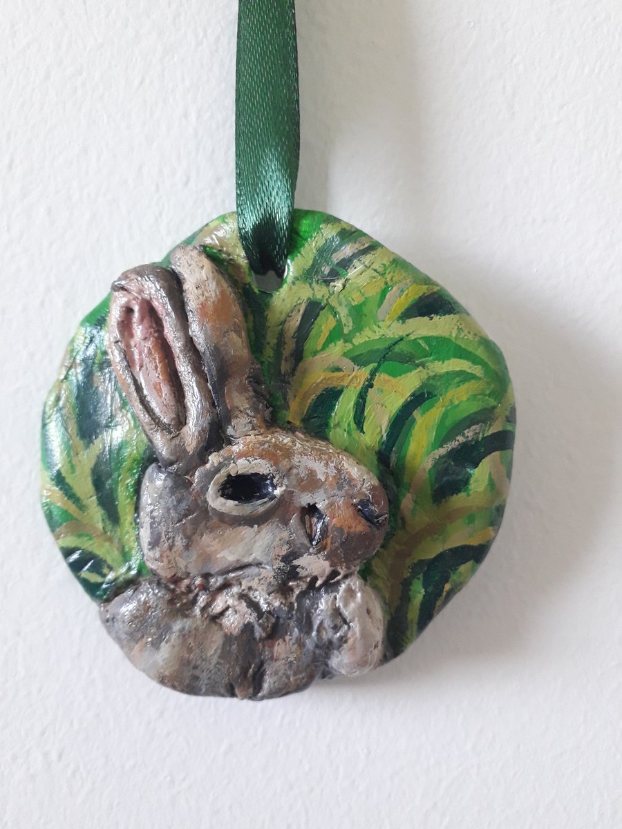 'Mr Rabbit" small rustic clay hanging sculpture.  