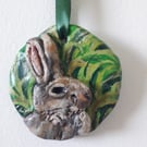 'Mr Rabbit" small rustic clay hanging sculpture.  