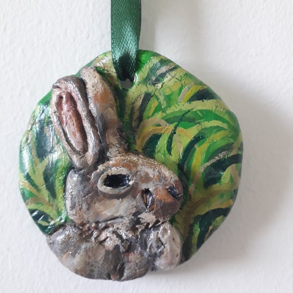 'Mr Rabbit" small rustic clay hanging sculpture.  