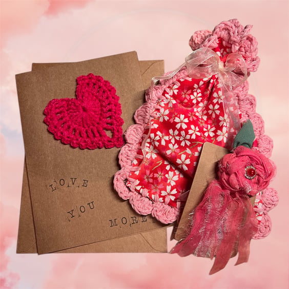 Valentine Gift Set with Rose Brooch, Heart Card & Reusable Gift Bag