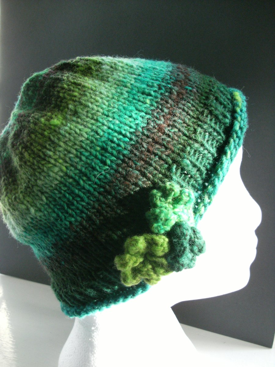 Handknit Noro 3-flowered Roll up Beanie Hat 100% wool Greens MED