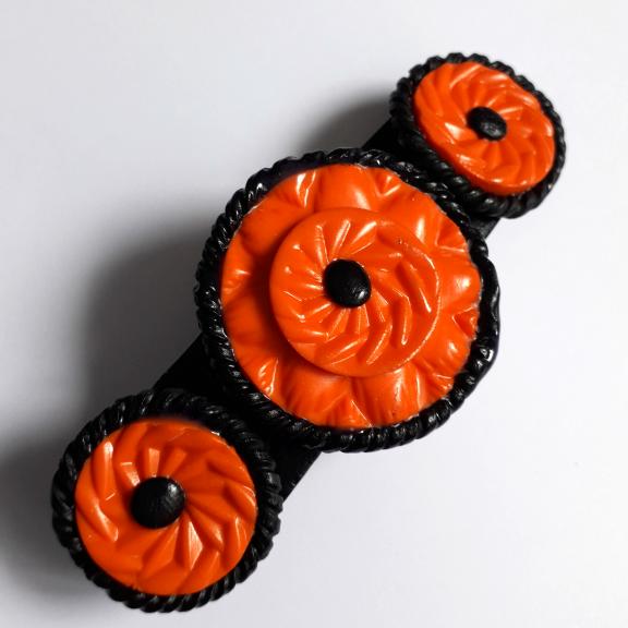 Orange & Black Wheel Design Polymer Clay Hair Barrette