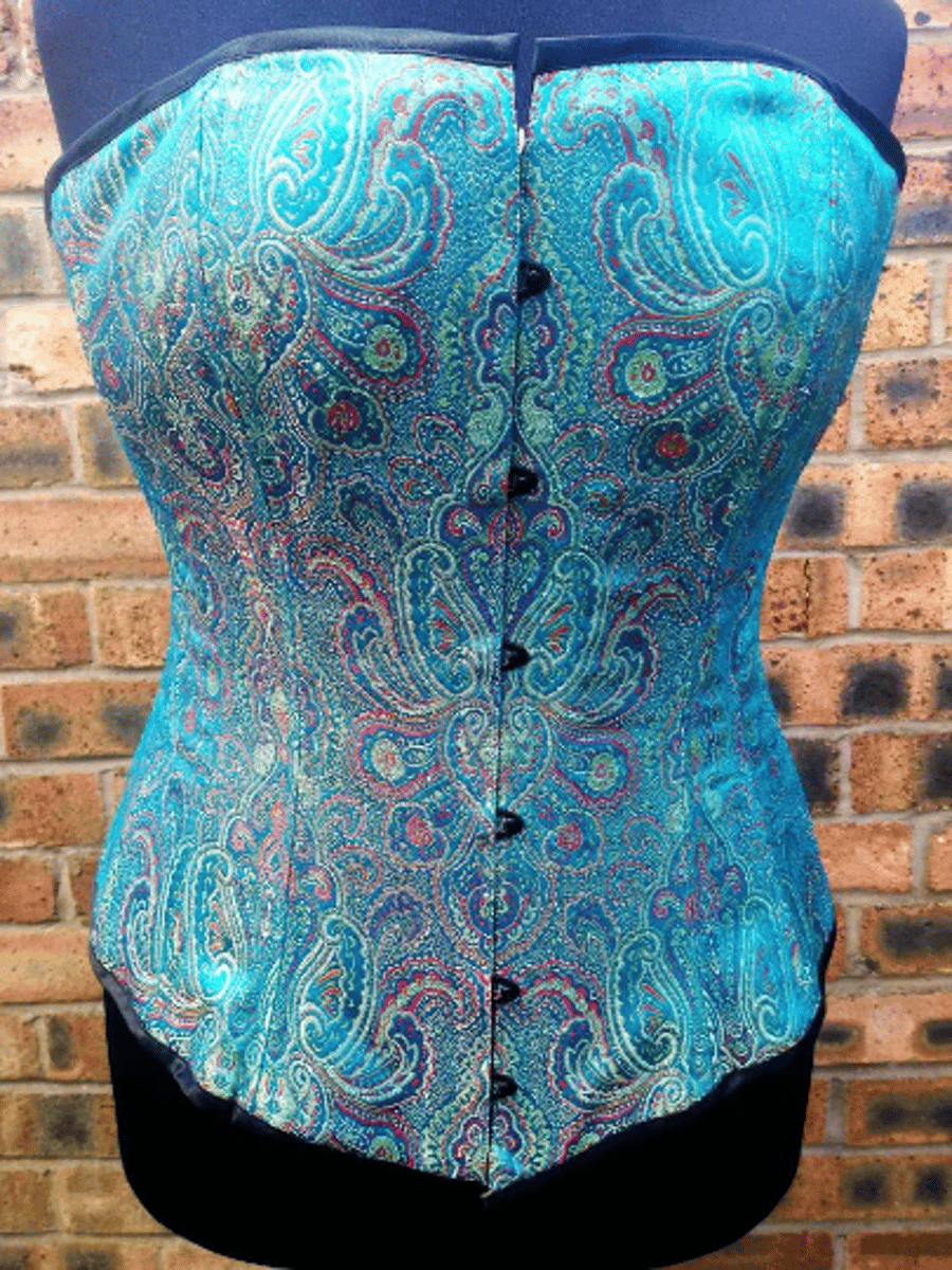 Hand made 30" overbust corset in blue jacquard with steel boning