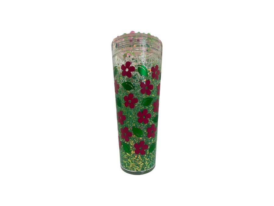Pink Flower Glitter Globe Tumbler