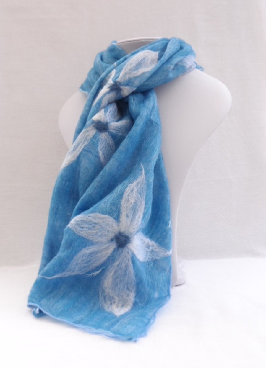 Nuno felted scarf, wool on silk, blue with white floral detail