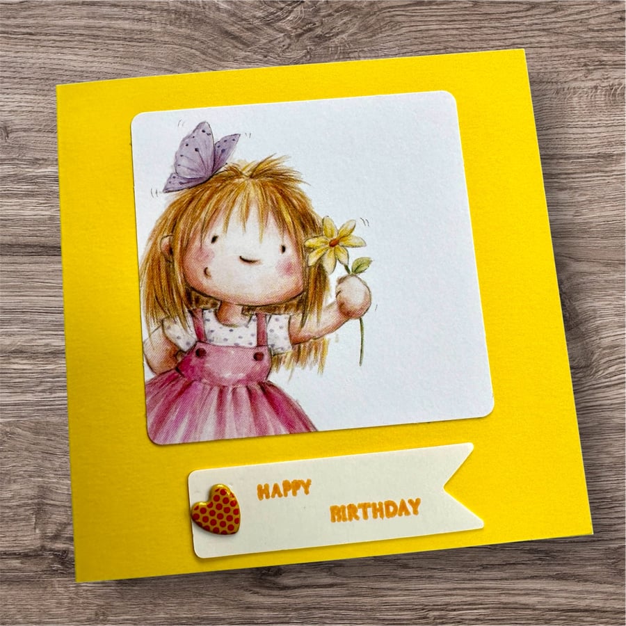 Happy birthday card for a young girl. Cute retro girl with flower & butterfly. 