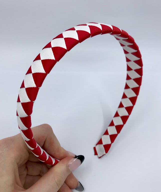 School Red and White Diamond Pleated Hairband