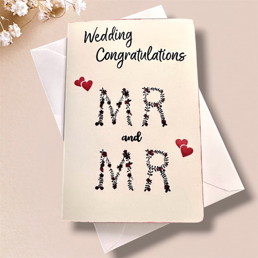 Mr & Mr Wedding Congratulations Card, Floral Text, hearts for Gay Couple