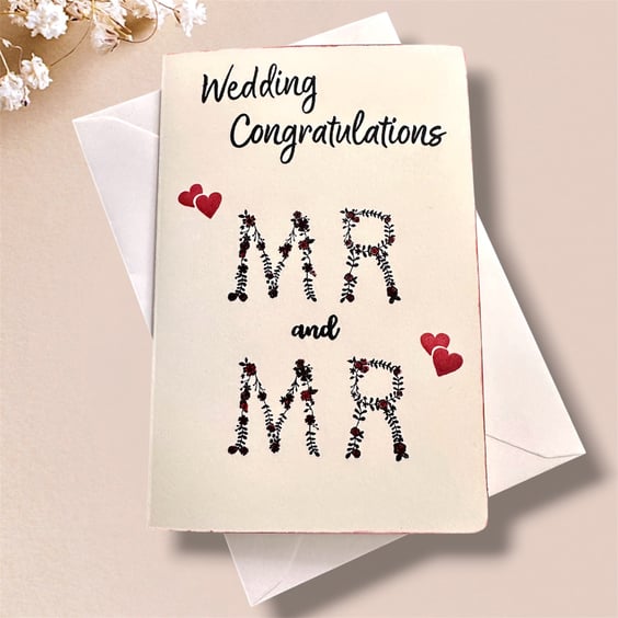 Mr & Mr Wedding Congratulations Card, Floral Text, hearts for Gay Couple