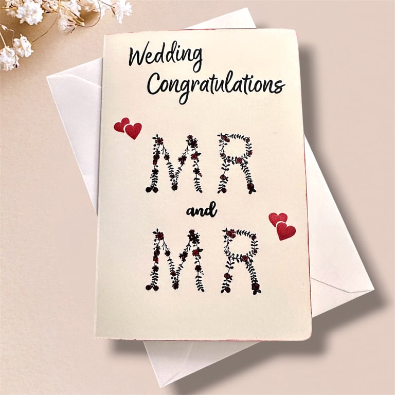 Mr & Mr Wedding Congratulations Card, Floral Text, hearts for Gay Couple