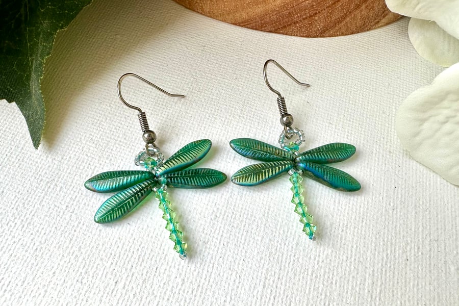 Dragonfly Earrings - Opal Laser Feather