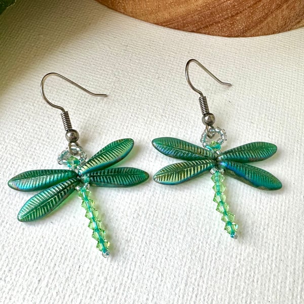 Dragonfly Earrings - Opal Laser Feather