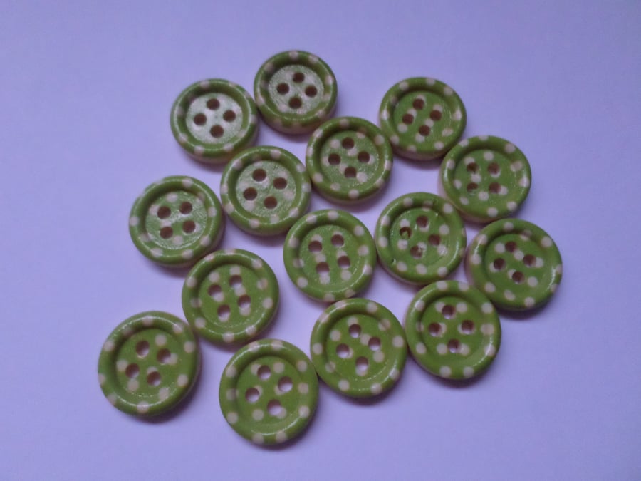 15 x 4-Hole Printed Wooden Buttons - Round - 15mm - Polka Dot - Green