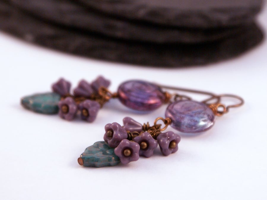 Purple Petals - Wire Wrapped Czech Glass Cluster Earrings