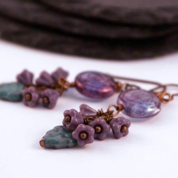 Purple Petals - Wire Wrapped Czech Glass Cluster Earrings
